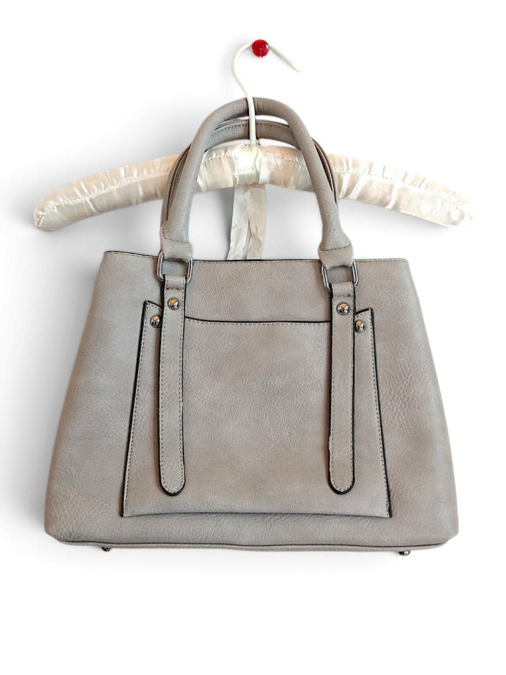 K. Carroll grey vegan leather satchel handbag silver hardware trapezoid tote bag
